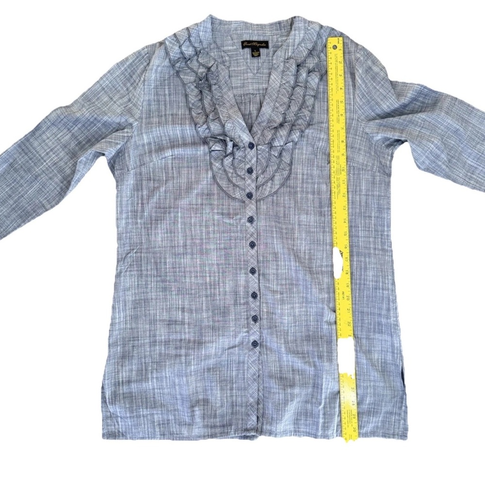 Sweet Magnolia Chambray Blouse LARGE Blue‎ Ruffle Front Button Down Cotton - Picture 8 of 9